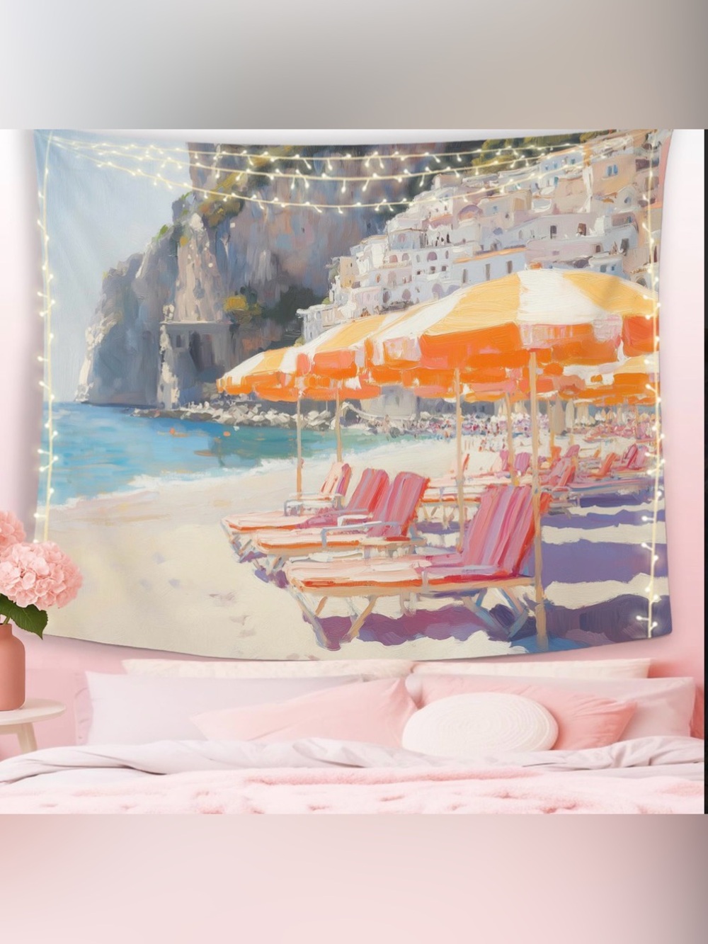 Coastal Beach Umbrella and Lounge Chair Wall Tapestry - Orange and Pink